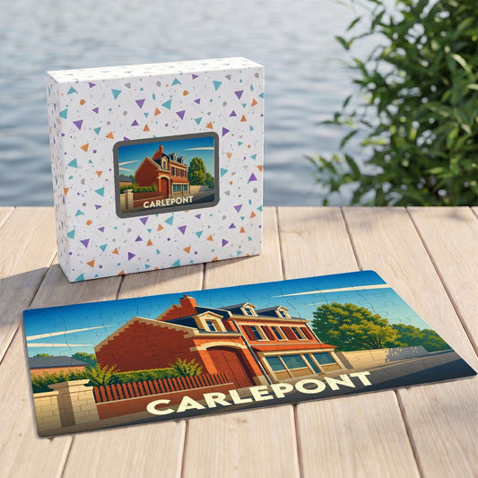 Puzzle souvenir de la ville de Carlepont avec une illustration stylisée d'une maison traditionnelle.