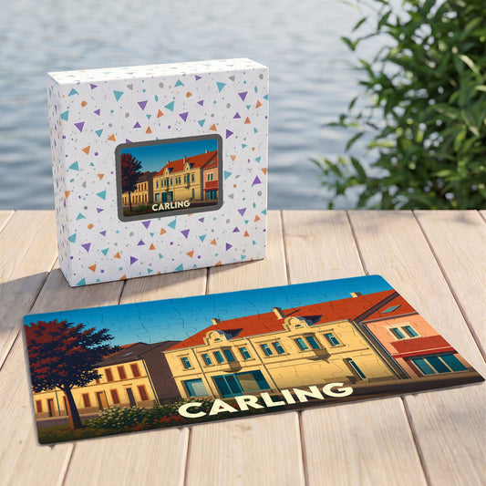 Puzzle souvenir de la ville de Carling avec une illustration stylisée d'une rue colorée.