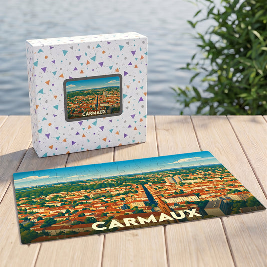 Puzzle souvenir de la ville de Carmaux avec une illustration panoramique stylisée.