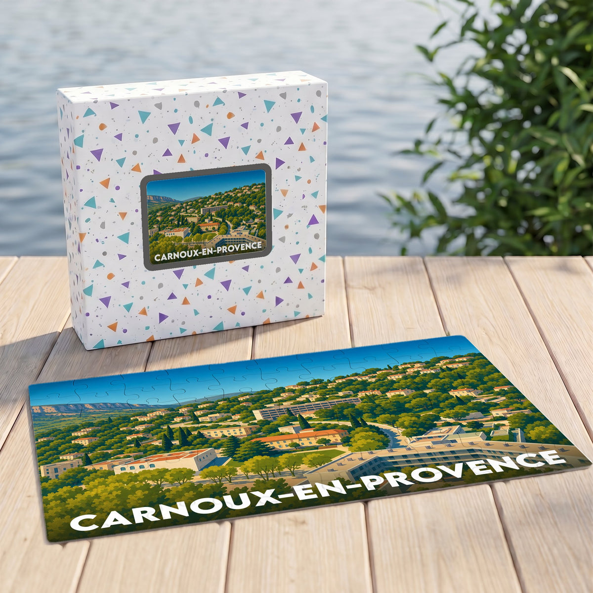 Puzzle souvenir de la ville de Carnoux-en-Provence avec une illustration paysagère stylisée.