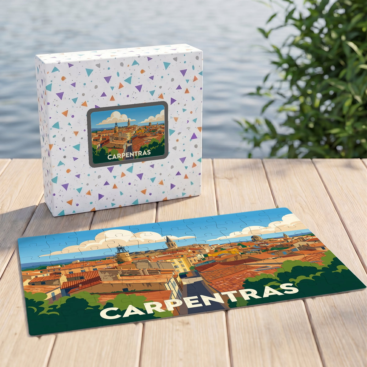 Puzzle souvenir de la ville de Carpentras avec une illustration panoramique stylisée.