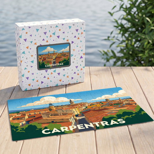 Puzzle souvenir de la ville de Carpentras avec une illustration panoramique stylisée.
