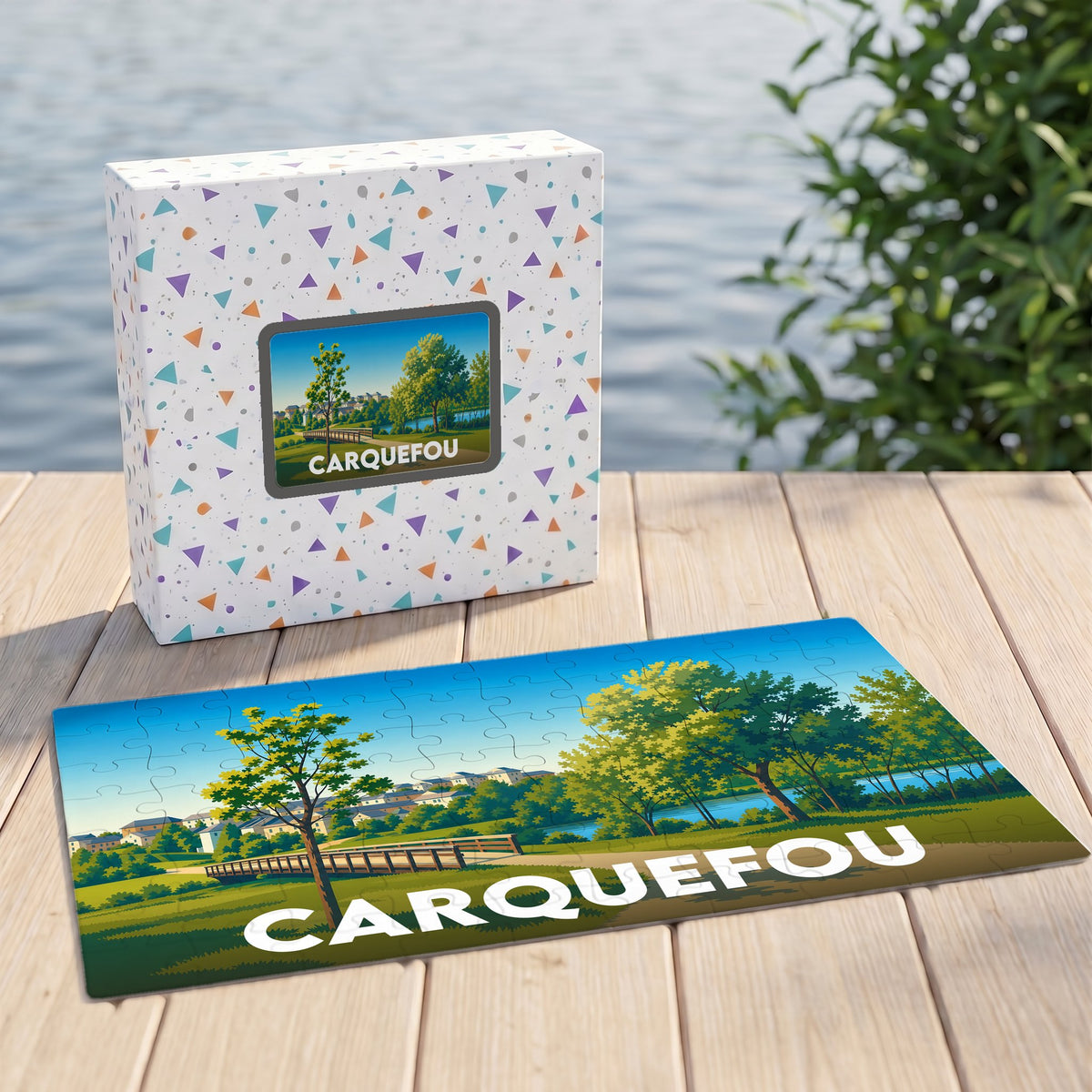Puzzle souvenir de la ville de Carquefou avec une illustration paysagère stylisée.