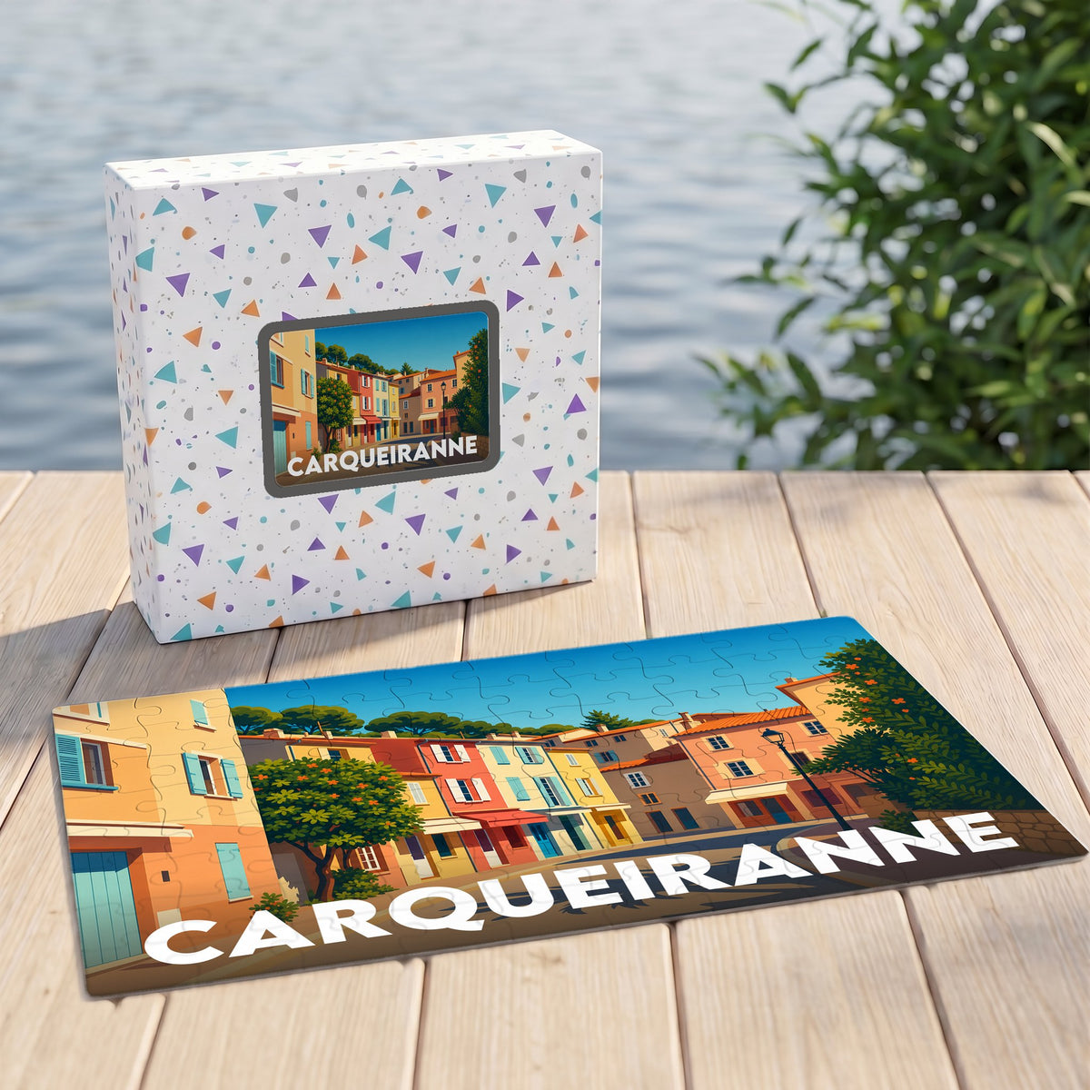 Puzzle souvenir de la ville de Carqueiranne illustrant un quartier coloré dans un style graphique moderne.