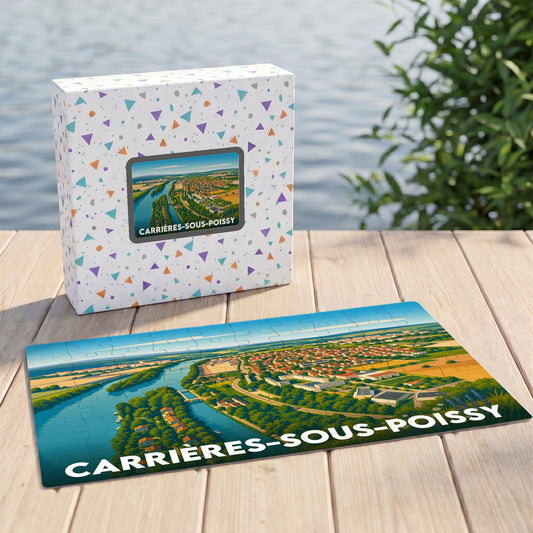 Puzzle souvenir de la ville de Carrières-sous-Poissy avec une illustration paysagère stylisée.