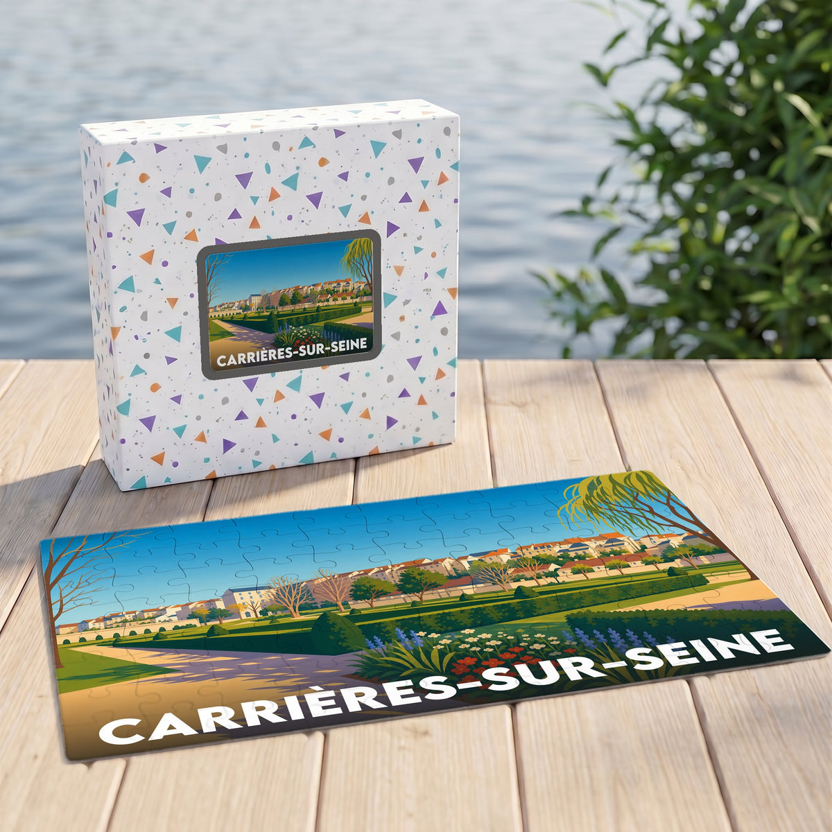 Puzzle souvenir de la ville de Carrières-sur-Seine avec une illustration paysagère stylisée.
