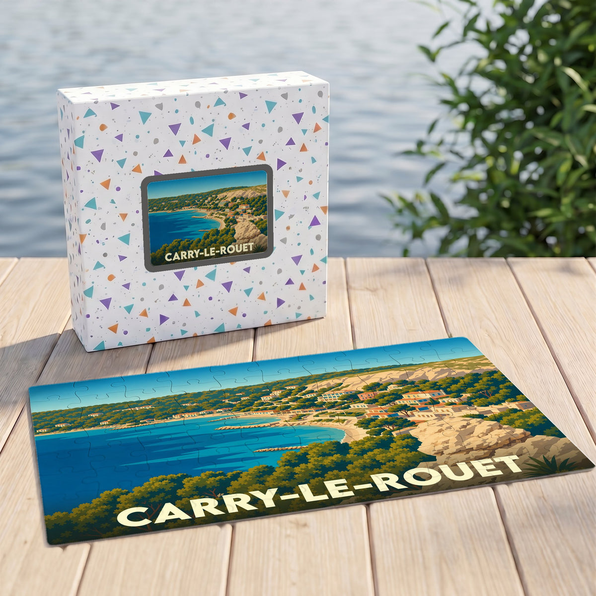 Puzzle souvenir de la ville de Carry-le-Rouet avec une illustration côtière stylisée.