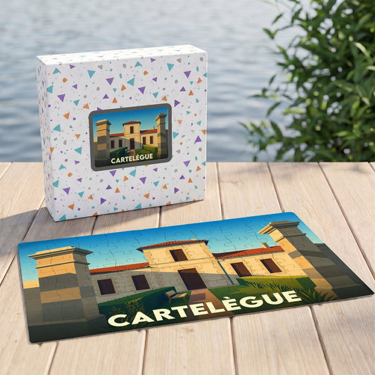 Puzzle souvenir de la ville de Cartelègue avec une illustration stylisée d'un bâtiment historique.