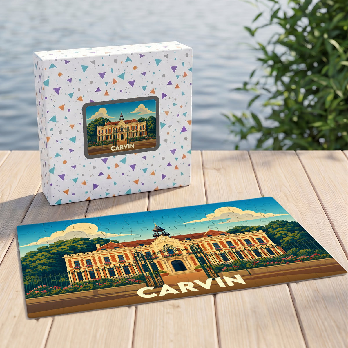 Puzzle souvenir de la ville de Carvin avec une illustration stylisée de son hôtel de ville.