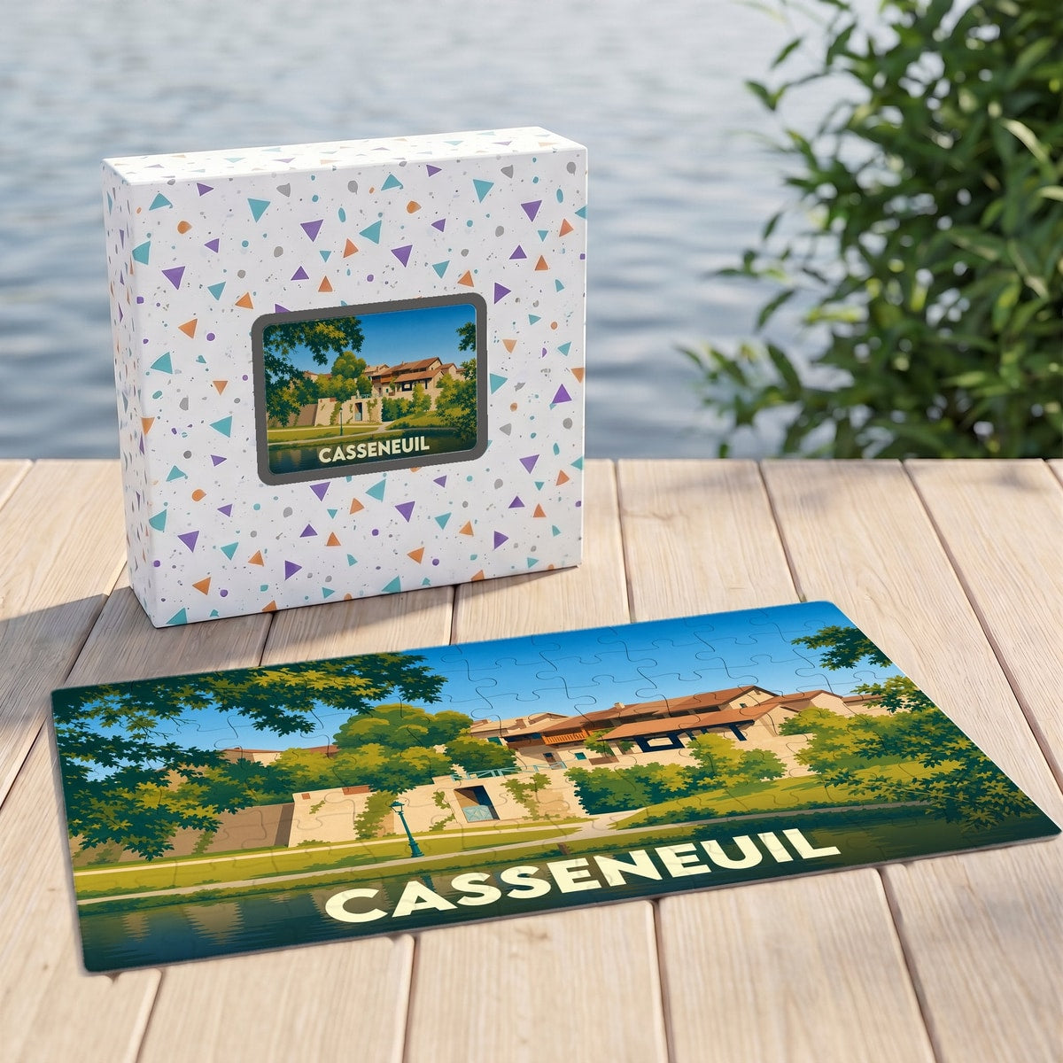 Puzzle souvenir de la ville de Casseneuil avec une illustration stylisée et sa boîte assortie.