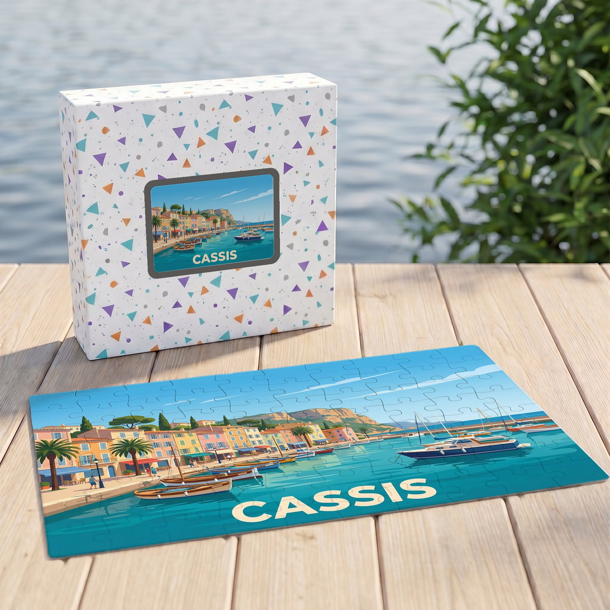 Puzzle souvenir de la ville de Cassis avec une illustration stylisée de son port.