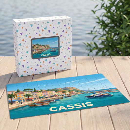 Puzzle souvenir de la ville de Cassis avec une illustration stylisée de son port.