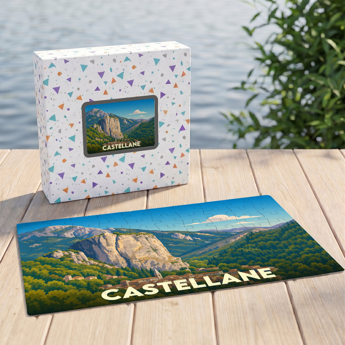 Puzzle souvenir de la ville de Castellane avec une illustration stylisée de son célèbre rocher.