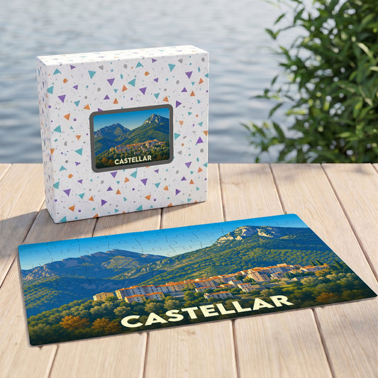 Puzzle souvenir de la ville de Castellar avec une illustration de paysage montagneux.