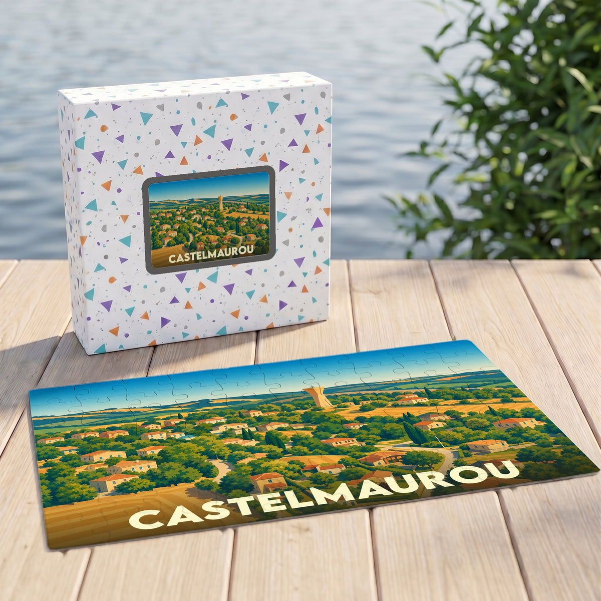 Puzzle souvenir de la ville de Castelmaurou avec une illustration paysagère stylisée.