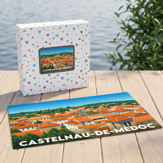 Puzzle souvenir de la ville de Castelnau-de-Médoc avec une illustration stylisée de ses toits.