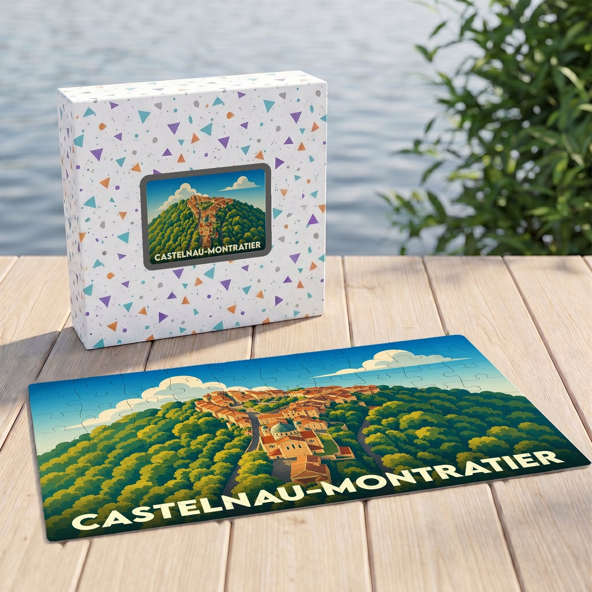 Puzzle souvenir de la ville de Castelnau-Montratier avec une illustration stylisée et colorée.