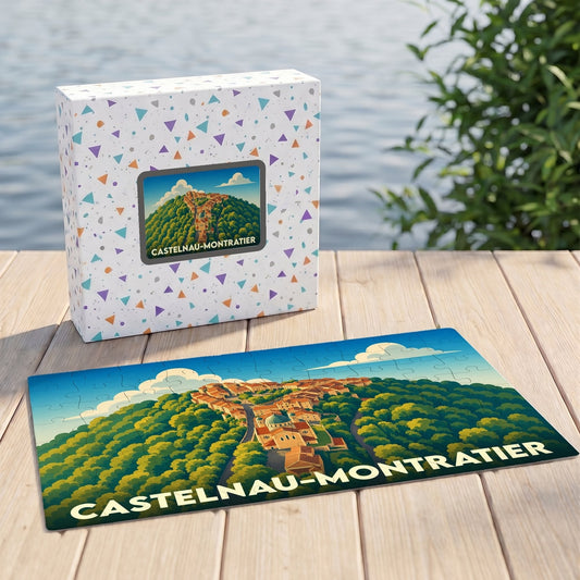 Puzzle souvenir de la ville de Castelnau-Montratier avec une illustration stylisée et colorée.