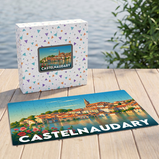 Puzzle souvenir de la ville de Castelnaudary avec une illustration stylisée et colorée de son port.