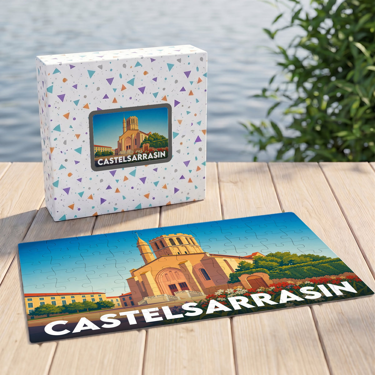 Puzzle souvenir de la ville de Castelsarrasin avec une illustration stylisée.