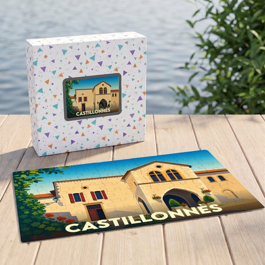Puzzle souvenir de la ville de Castillonnès avec une illustration stylisée.