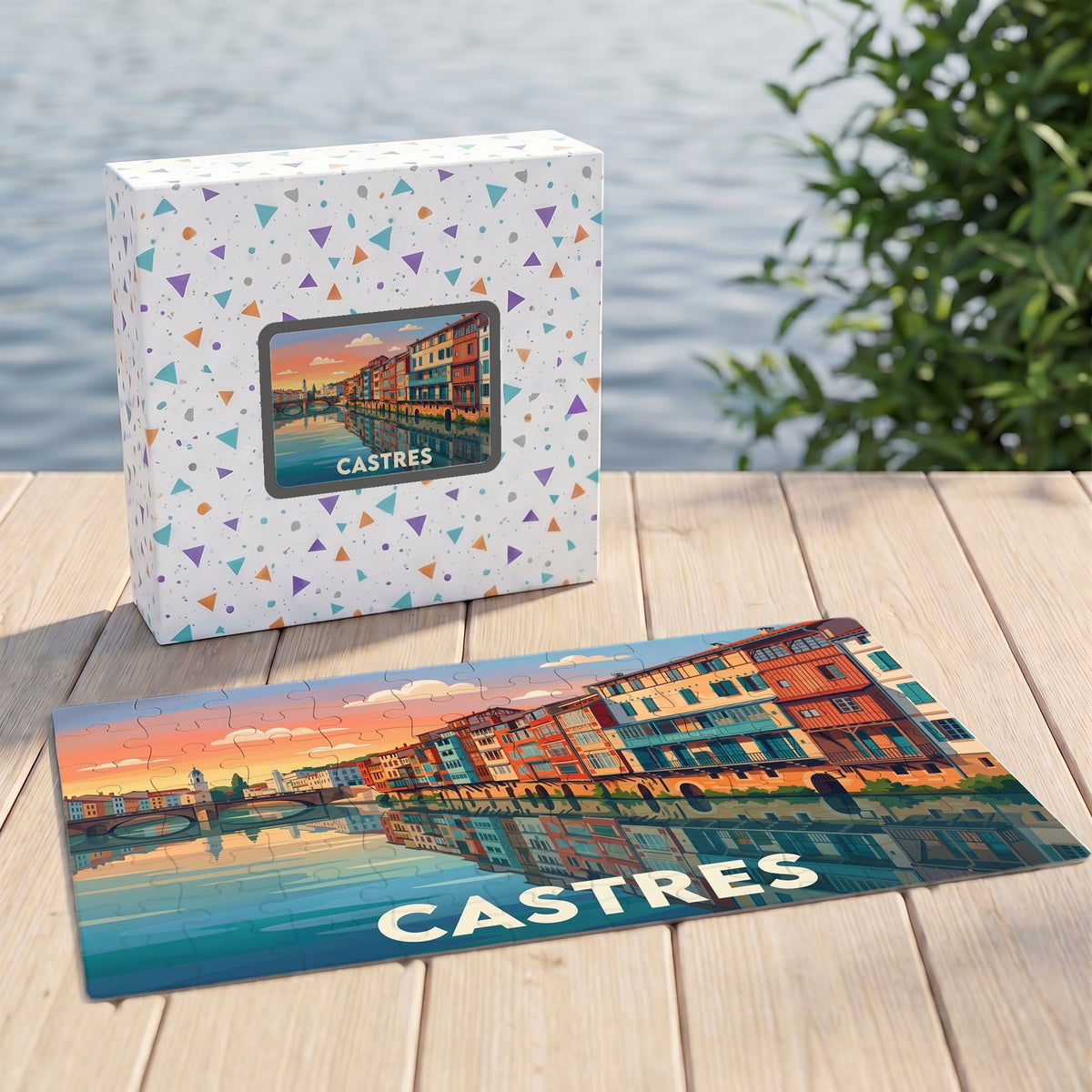 Puzzle souvenir de la ville de Castres avec une illustration colorée de ses maisons emblématiques au bord de l'eau.