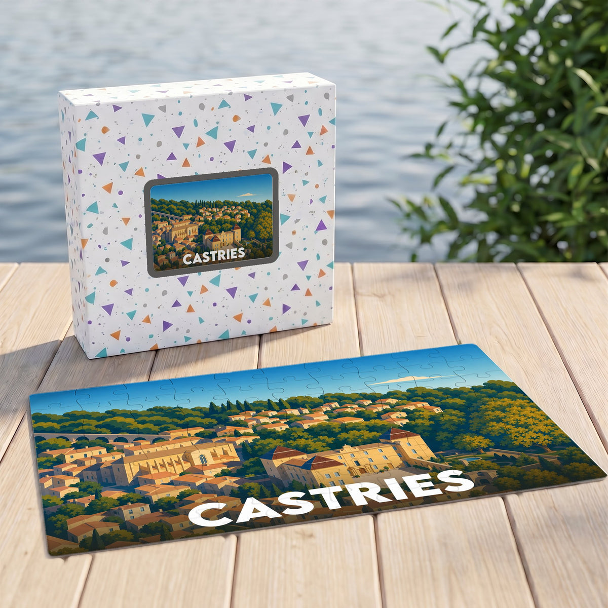 Puzzle souvenir de la ville de Castries avec une illustration stylisée d'un paysage urbain.