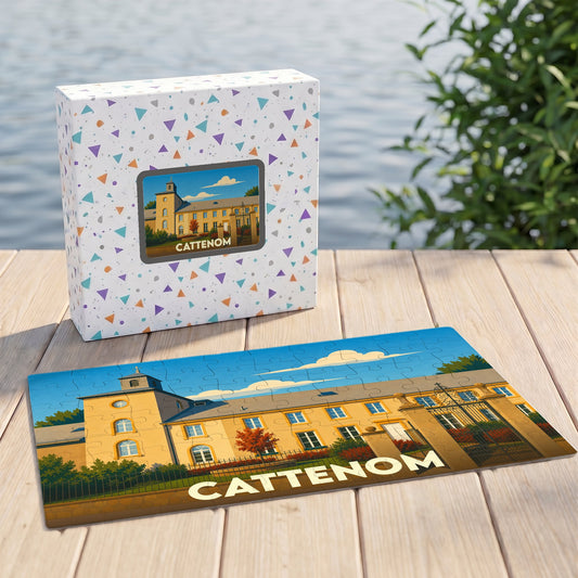 Puzzle souvenir de la ville de Cattenom avec une illustration stylisée et colorée.