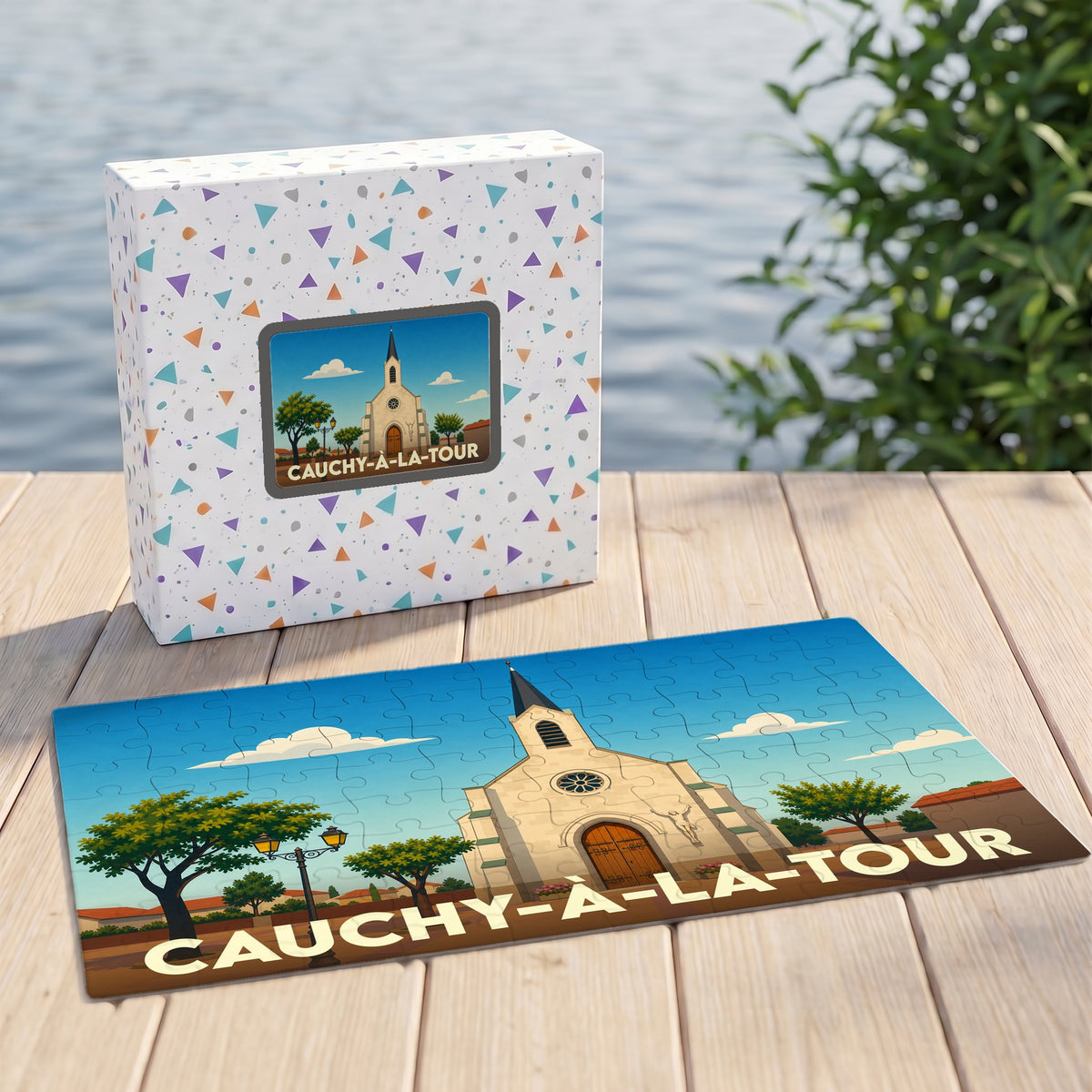 Puzzle souvenir de la ville de Cauchy-à-la-Tour avec une illustration stylisée de son église.
