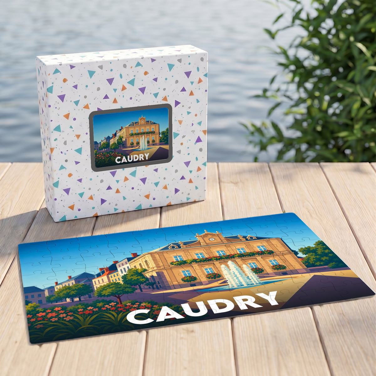 Puzzle souvenir de la ville de Caudry avec une illustration stylisée de son hôtel de ville et de sa fontaine.