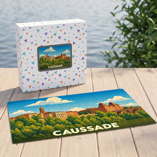 Puzzle souvenir de la ville de Caussade avec une illustration panoramique stylisée.