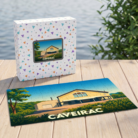 Puzzle souvenir de la ville de Caveirac avec une illustration stylisée d'un paysage local.