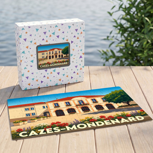 Puzzle souvenir de la ville de Cazes-Mondenard avec son carton d'emballage illustré.