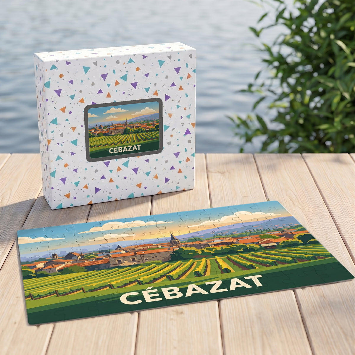 Puzzle souvenir de la ville de Cébazat présentant une illustration stylisée de son paysage et de ses vignobles.