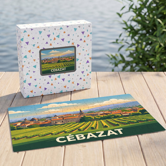 Puzzle souvenir de la ville de Cébazat présentant une illustration stylisée de son paysage et de ses vignobles.