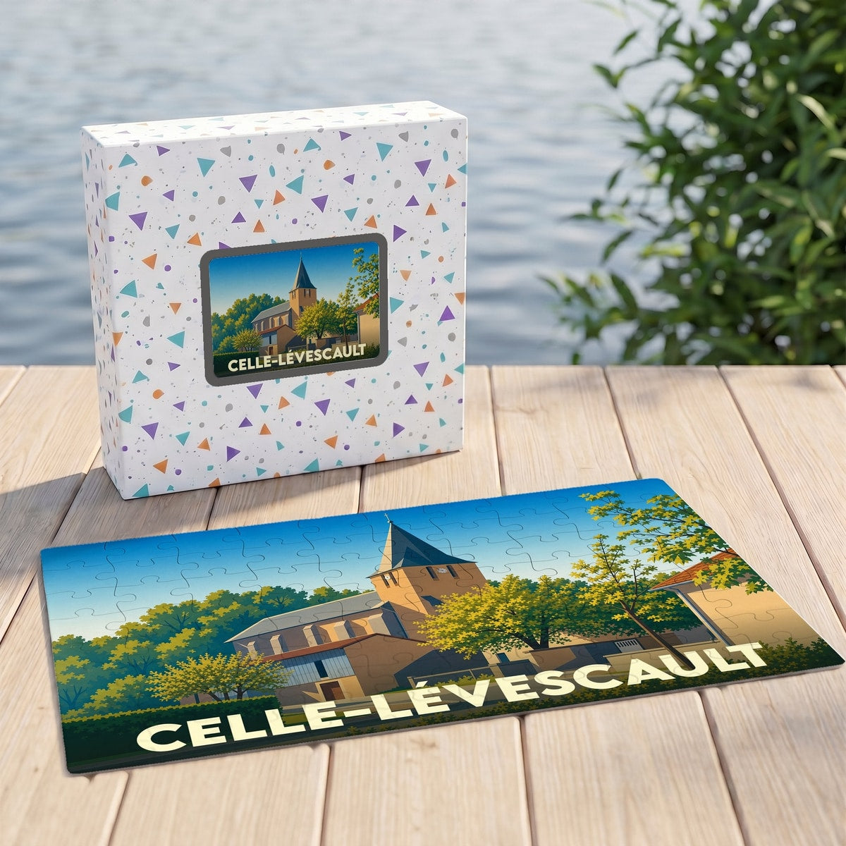 Puzzle souvenir de la ville de Celle-Lévescault avec une illustration stylisée de son église.