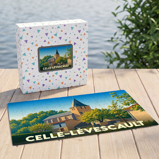 Puzzle souvenir de la ville de Celle-Lévescault avec une illustration stylisée de son église.