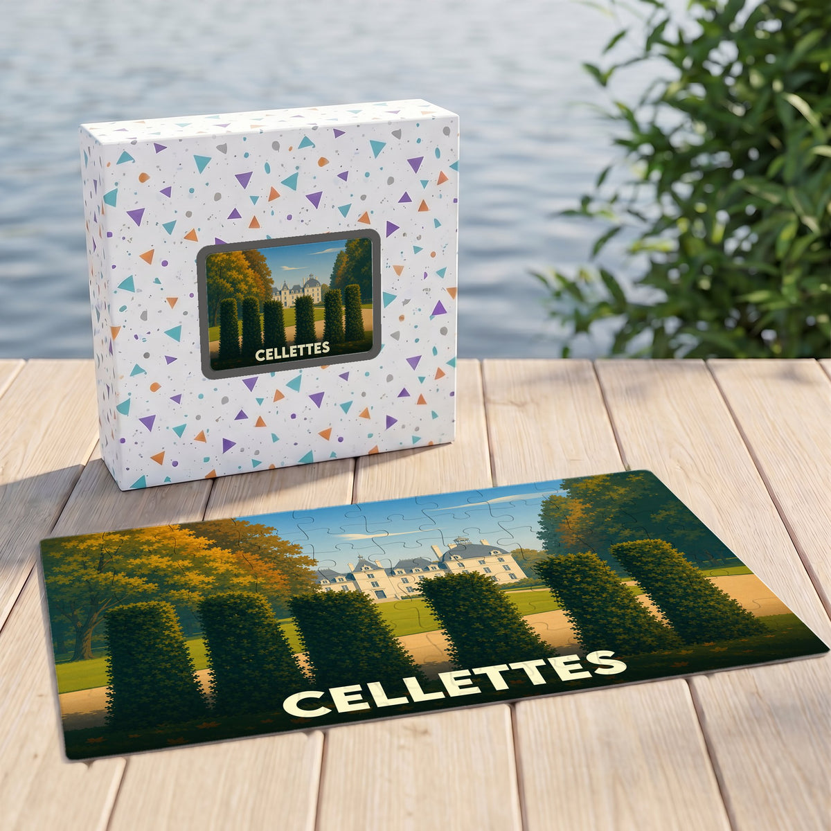 Puzzle souvenir de la ville de Cellettes avec une illustration stylisée d'un château et de jardins.