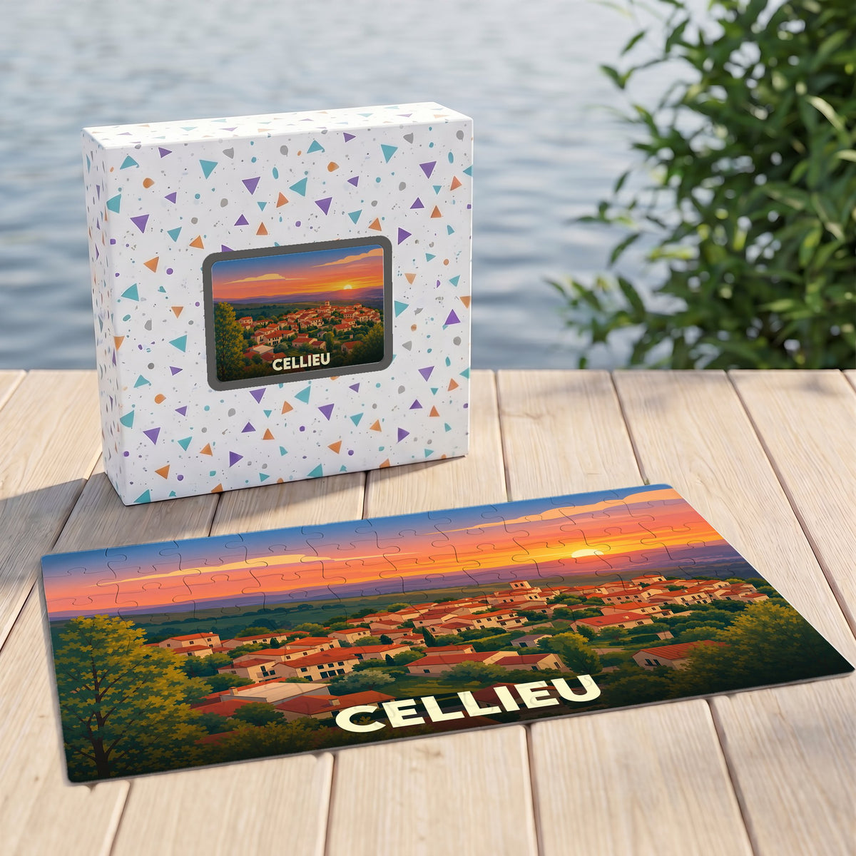 Puzzle souvenir de la ville de Cellieu avec une illustration stylisée d'un coucher de soleil sur le village.