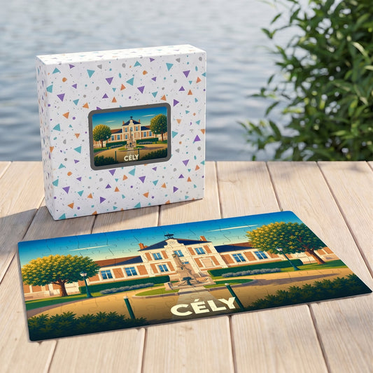 Puzzle souvenir de la ville de Cély illustré d'un paysage stylisé de la mairie.