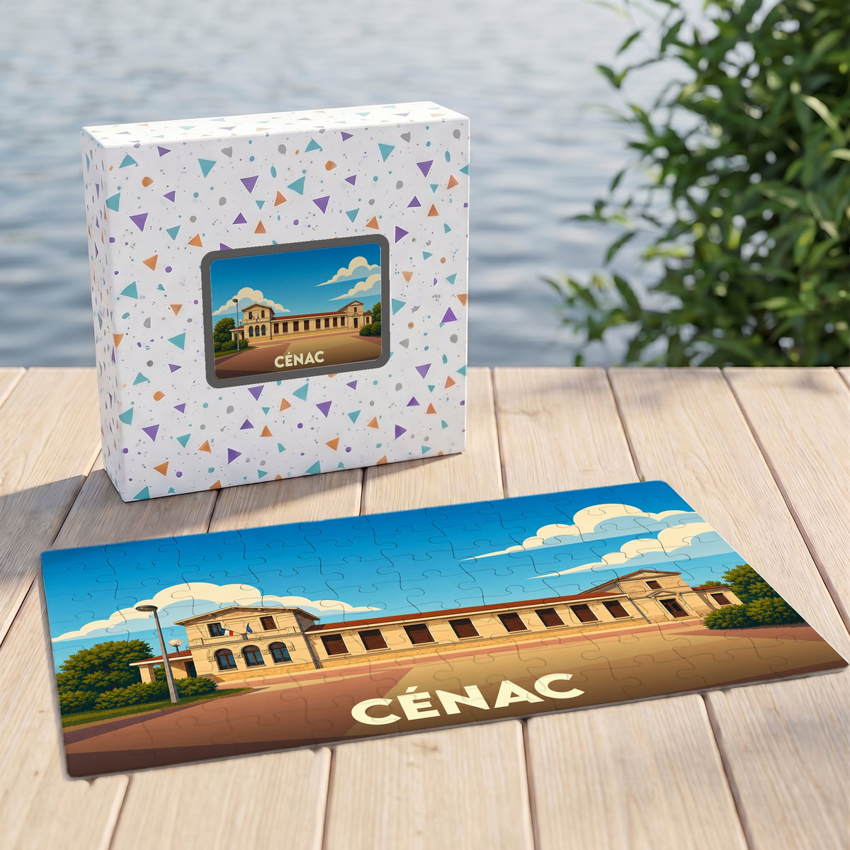 Puzzle souvenir de la ville de Cénac avec une illustration stylisée.