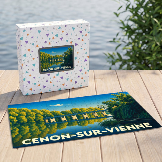 Puzzle souvenir de la ville de Cenon-sur-Vienne avec une illustration stylisée de son pont et de sa rivière.