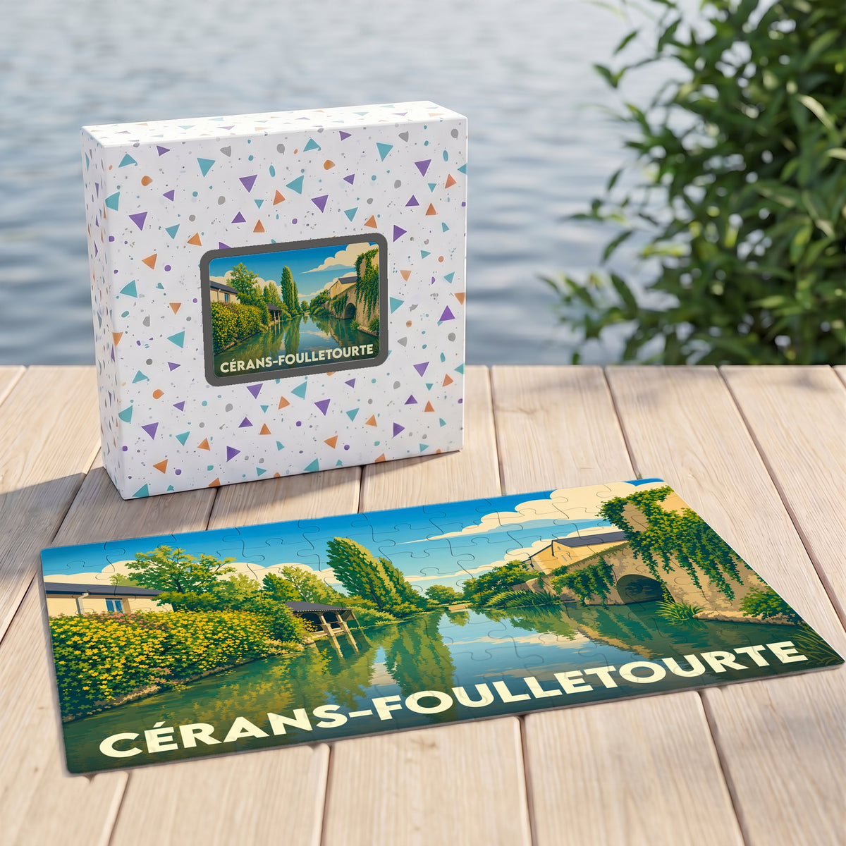 Puzzle souvenir de la ville de Cérans-Foulletourte avec une illustration stylisée de ses bords de l'eau.