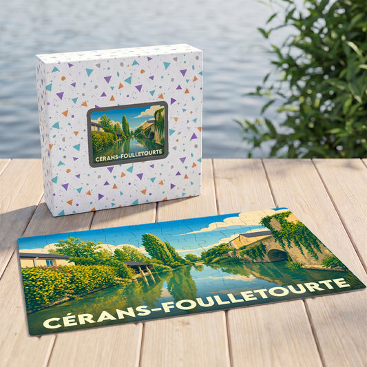 Puzzle souvenir de la ville de Cérans-Foulletourte avec une illustration stylisée de ses bords de l'eau.