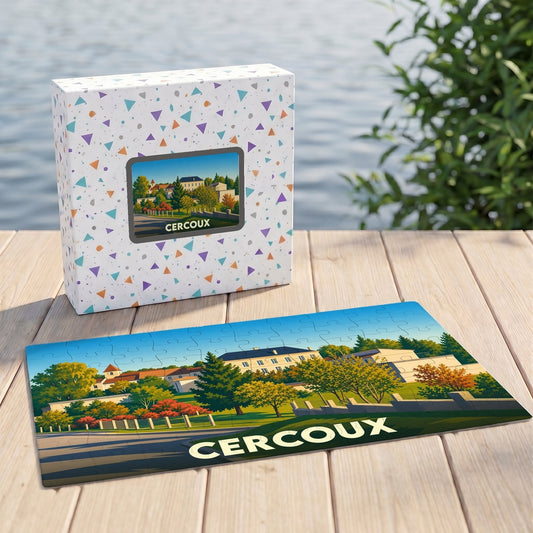 Puzzle souvenir de la ville de Cercoux avec son illustration paysagère stylisée et sa boîte assortie.