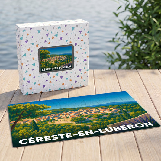 Puzzle souvenir de la ville de Céreste-en-Luberon avec une illustration stylisée d'un paysage provençal.