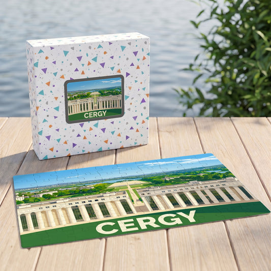 Puzzle souvenir de la ville de Cergy représentant une illustration stylisée de son architecture.