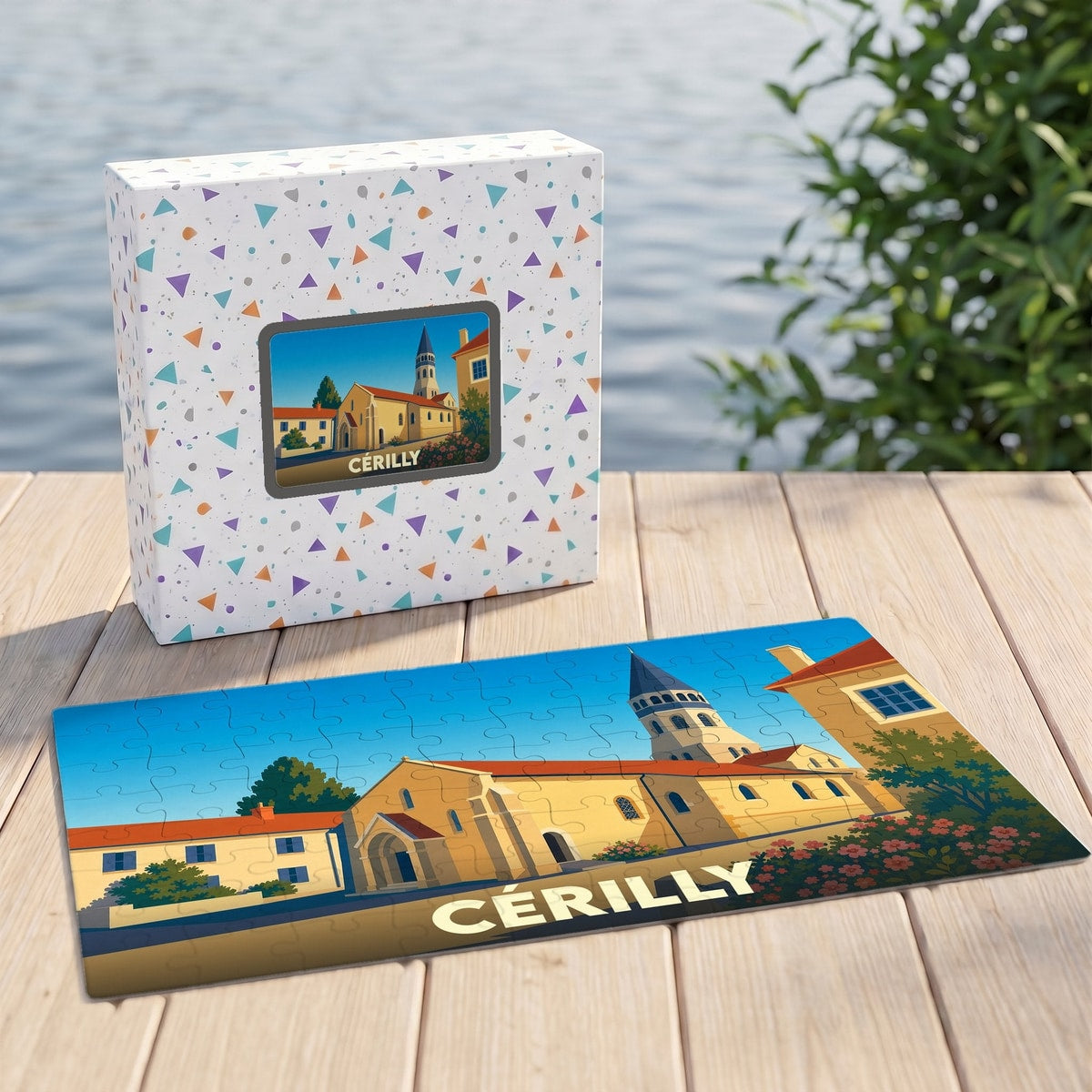 Puzzle souvenir de la ville de Cérilly avec une illustration stylisée.