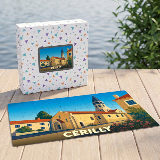 Puzzle souvenir de la ville de Cérilly avec une illustration stylisée.