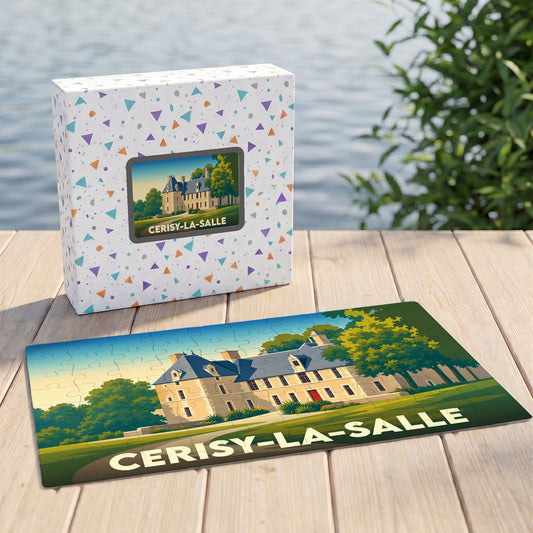 Puzzle souvenir de la ville de Cerisy-la-Salle avec une illustration stylisée de son château.